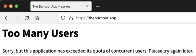Capture d'écran d'un diagnostic en ligne de burnout. Il affiche une page d'erreur, devant l'affluence ingérable d'un grand nombre de visiteurs.