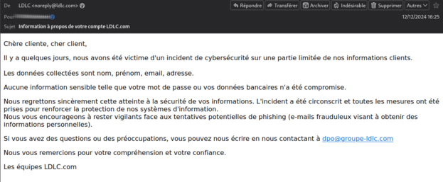 Mail de LDLC expliquant que leur BDD a été piratée et que mon nom, mon prénom, email et adresse postale ont été récupérés